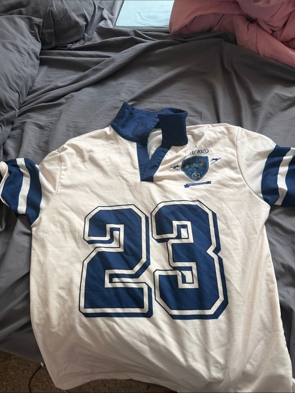SHEIN White and Navy Rugby-Style Polo with Number 23 Graphic